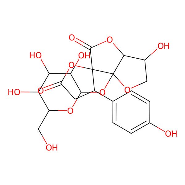 2D Structure of 3-hydroxy-4'-(4-hydroxyphenyl)-6a-[3,4,5-trihydroxy-6-(hydroxymethyl)oxan-2-yl]oxyspiro[3,3a-dihydro-2H-furo[3,2-b]furan-6,5'-oxolane]-2',5-dione