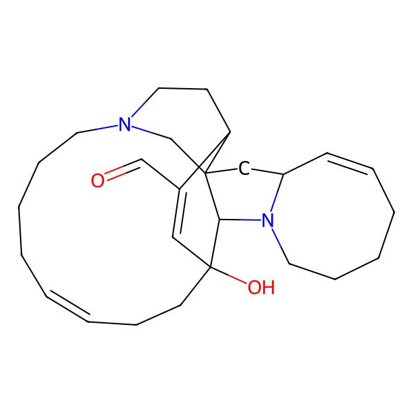 2D Structure of (1R,2R,4R,5Z,12R,13R,16Z)-13-hydroxy-11,22-diazapentacyclo[11.11.2.12,22.02,12.04,11]heptacosa-5,16,25-triene-25-carbaldehyde