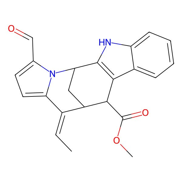 2D Structure of methyl (1R,11R,12S,13E)-13-ethylidene-17-formyl-3,18-diazapentacyclo[10.6.1.02,10.04,9.014,18]nonadeca-2(10),4,6,8,14,16-hexaene-11-carboxylate