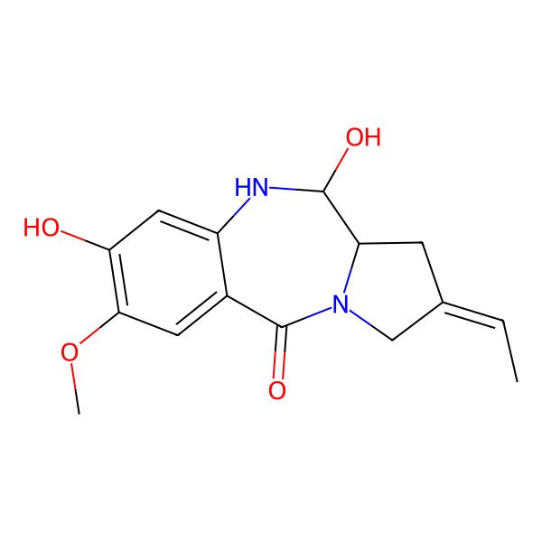 2D Structure of (6R,8E)-8-ethylidene-3,6-dihydroxy-2-methoxy-6,6a,7,9-tetrahydro-5H-pyrrolo[2,1-c][1,4]benzodiazepin-11-one
