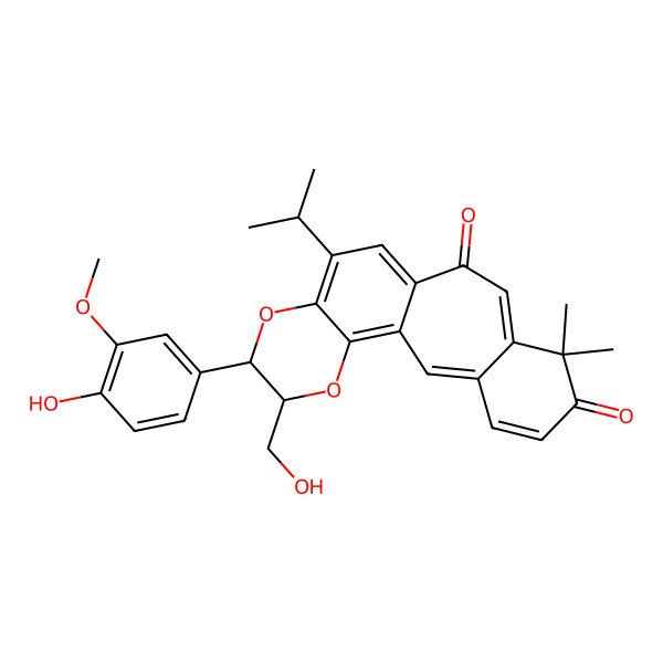 2D Structure of 16-(4-Hydroxy-3-methoxyphenyl)-17-(hydroxymethyl)-7,7-dimethyl-13-propan-2-yl-15,18-dioxatetracyclo[9.8.0.03,8.014,19]nonadeca-1(19),2,4,8,11,13-hexaene-6,10-dione