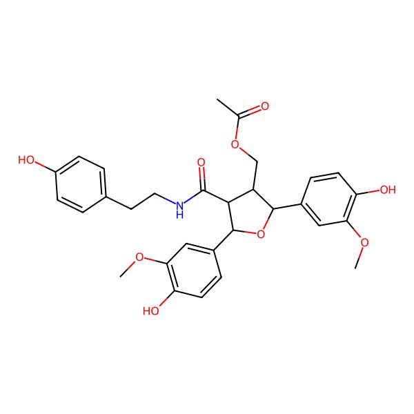 2D Structure of [(2S,3R,4S,5S)-2,5-bis(4-hydroxy-3-methoxyphenyl)-4-[2-(4-hydroxyphenyl)ethylcarbamoyl]oxolan-3-yl]methyl acetate
