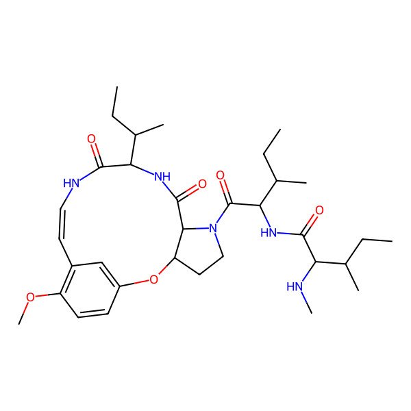 2D Structure of (2S,3R)-N-[(2S,3R)-1-[(3S,7S,10S,13E)-10-[(2R)-butan-2-yl]-16-methoxy-8,11-dioxo-2-oxa-6,9,12-triazatricyclo[13.3.1.03,7]nonadeca-1(19),13,15,17-tetraen-6-yl]-3-methyl-1-oxopentan-2-yl]-3-methyl-2-(methylamino)pentanamide