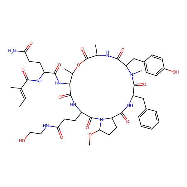 2D Structure of N-[16-benzyl-3-[3-(2-hydroxyethylamino)-3-oxopropyl]-13-[(4-hydroxyphenyl)methyl]-22-methoxy-7,10,14-trimethyl-2,5,9,12,15,18-hexaoxo-8-oxa-1,4,11,14,17-pentazabicyclo[17.3.0]docosan-6-yl]-2-(2-methylbut-2-enoylamino)pentanediamide