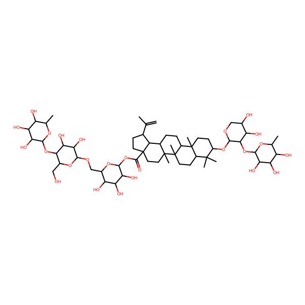 2D Structure of [(2S,3R,4S,5S,6R)-6-[[(2R,3R,4S,5S,6R)-3,4-dihydroxy-6-(hydroxymethyl)-5-[(2S,3R,4R,5R,6S)-3,4,5-trihydroxy-6-methyloxan-2-yl]oxyoxan-2-yl]oxymethyl]-3,4,5-trihydroxyoxan-2-yl] (1R,3aS,5aR,5bR,7aR,9S,11aR,11bR,13aR,13bS)-9-[(2S,3R,4S,5S)-4,5-dihydroxy-3-[(2S,3R,4S,5R,6R)-3,4,5-trihydroxy-6-methyloxan-2-yl]oxyoxan-2-yl]oxy-5a,5b,8,8,11a-pentamethyl-1-prop-1-en-2-yl-1,2,3,4,5,6,7,7a,9,10,11,11b,12,13,13a,13b-hexadecahydrocyclopenta[a]chrysene-3a-carboxylate