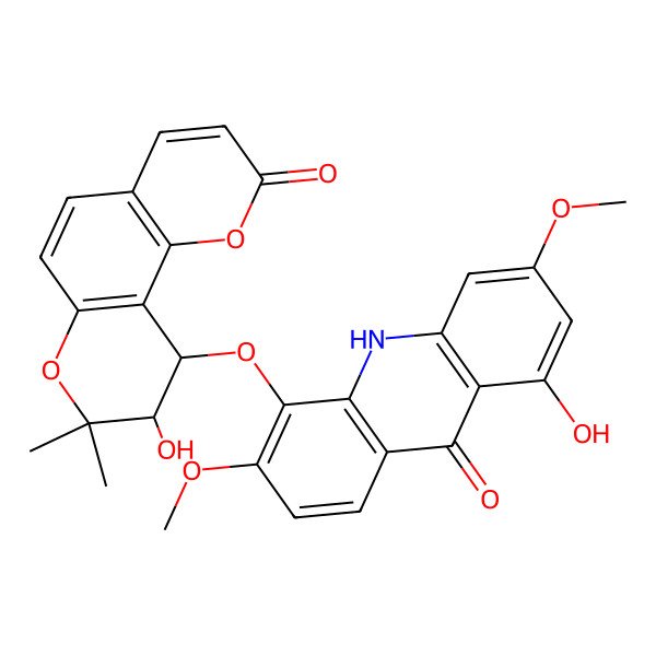 2D Structure of 1-hydroxy-5-[[(9R,10R)-9-hydroxy-8,8-dimethyl-2-oxo-9,10-dihydropyrano[2,3-f]chromen-10-yl]oxy]-3,6-dimethoxy-10H-acridin-9-one