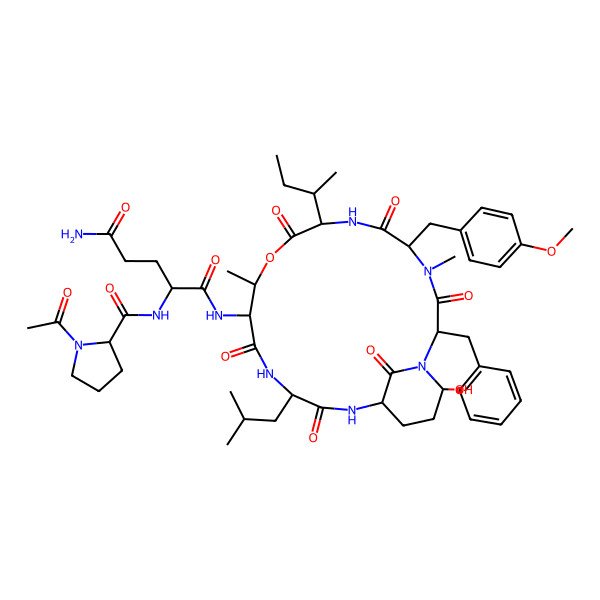 2D Structure of 2-[(1-acetylpyrrolidine-2-carbonyl)amino]-N-[2-benzyl-8-butan-2-yl-21-hydroxy-5-[(4-methoxyphenyl)methyl]-4,11-dimethyl-15-(2-methylpropyl)-3,6,9,13,16,22-hexaoxo-10-oxa-1,4,7,14,17-pentazabicyclo[16.3.1]docosan-12-yl]pentanediamide