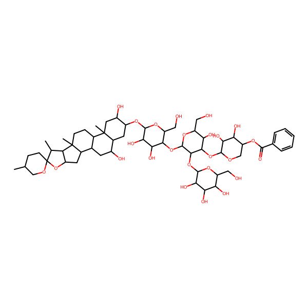 2D Structure of [(3R,4R,5R,6S)-6-[(2S,3R,4S,5R,6R)-2-[(2R,3R,4R,5R,6R)-6-[(1R,2S,4S,5'S,6R,7S,8R,9S,12S,13R,15R,16R,18S,19R)-15,19-dihydroxy-5',7,9,13-tetramethylspiro[5-oxapentacyclo[10.8.0.02,9.04,8.013,18]icosane-6,2'-oxane]-16-yl]oxy-4,5-dihydroxy-2-(hydroxymethyl)oxan-3-yl]oxy-5-hydroxy-6-(hydroxymethyl)-3-[(2S,3R,4S,5S,6R)-3,4,5-trihydroxy-6-(hydroxymethyl)oxan-2-yl]oxyoxan-4-yl]oxy-4,5-dihydroxyoxan-3-yl] benzoate