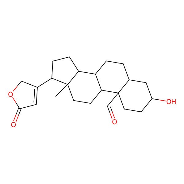 2D Structure of (3S,5S,8S,9S,10R,13S,14R,17S)-3-hydroxy-13-methyl-17-(5-oxo-2H-furan-3-yl)-2,3,4,5,6,7,8,9,11,12,14,15,16,17-tetradecahydro-1H-cyclopenta[a]phenanthrene-10-carbaldehyde