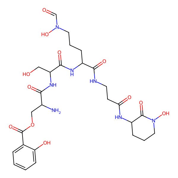 2D Structure of [(2S)-2-amino-3-[[(2S)-1-[[(2R)-5-[formyl(hydroxy)amino]-1-[[3-[[(3R)-1-hydroxy-2-oxopiperidin-3-yl]amino]-3-oxopropyl]amino]-1-oxopentan-2-yl]amino]-3-hydroxy-1-oxopropan-2-yl]amino]-3-oxopropyl] 2-hydroxybenzoate