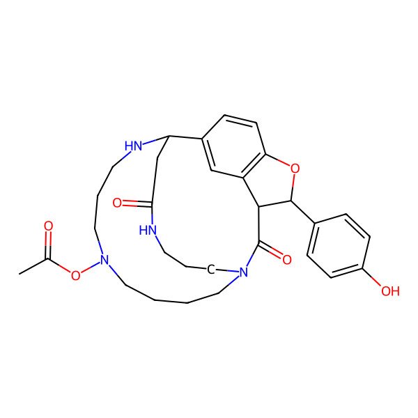 2D Structure of [(11S,17S,18S)-17-(4-hydroxyphenyl)-19,24-dioxo-16-oxa-1,6,10,23-tetrazatetracyclo[9.8.6.212,15.014,18]heptacosa-12,14,26-trien-6-yl] acetate