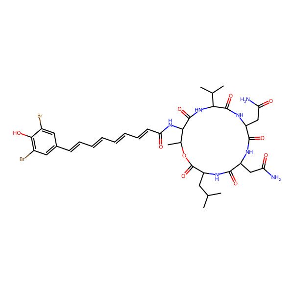 2D Structure of N-[6,9-bis(2-amino-2-oxoethyl)-16-methyl-3-(2-methylpropyl)-2,5,8,11,14-pentaoxo-12-propan-2-yl-1-oxa-4,7,10,13-tetrazacyclohexadec-15-yl]-9-(3,5-dibromo-4-hydroxyphenyl)nona-2,4,6,8-tetraenamide