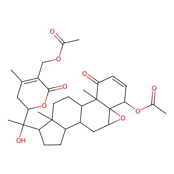 2D Structure of [2-[1-(6-Acetyloxy-2,16-dimethyl-3-oxo-8-oxapentacyclo[9.7.0.02,7.07,9.012,16]octadec-4-en-15-yl)-1-hydroxyethyl]-4-methyl-6-oxo-2,3-dihydropyran-5-yl]methyl acetate