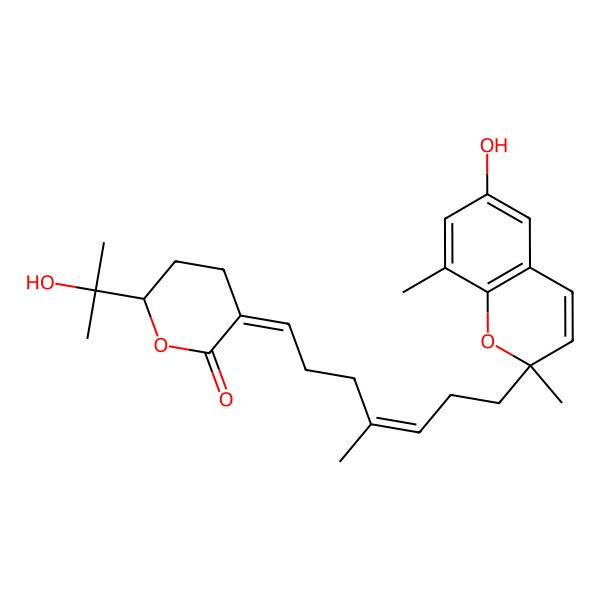 2D Structure of 3-[7-(6-Hydroxy-2,8-dimethylchromen-2-yl)-4-methylhept-4-enylidene]-6-(2-hydroxypropan-2-yl)oxan-2-one