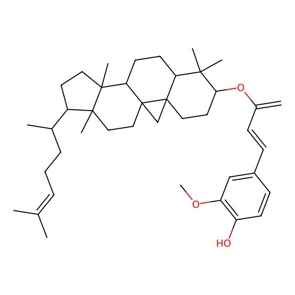 2D Structure of 2-methoxy-4-[(1E)-3-[[(6S,8R,11S,12S,15R,16R)-7,7,12,16-tetramethyl-15-[(2R)-6-methylhept-5-en-2-yl]-6-pentacyclo[9.7.0.01,3.03,8.012,16]octadecanyl]oxy]buta-1,3-dienyl]phenol