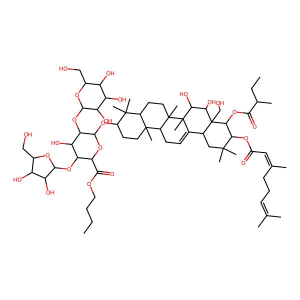 2D Structure of butyl (2S,3S,4R,5R,6R)-6-[[(3R,4aR,6aS,6bS,7S,8R,8aR,9R,10S,12aR,14aS,14bS)-10-[(2E)-3,7-dimethylocta-2,6-dienoyl]oxy-7,8-dihydroxy-8a-(hydroxymethyl)-4,4,6a,6b,11,11,14b-heptamethyl-9-[(2R)-2-methylbutanoyl]oxy-1,2,3,4a,5,6,7,8,9,10,12,12a,14,14a-tetradecahydropicen-3-yl]oxy]-3-[(2R,3S,4S,5R)-3,4-dihydroxy-5-(hydroxymethyl)oxolan-2-yl]oxy-4-hydroxy-5-[(2R,3S,4S,5R,6R)-3,4,5-trihydroxy-6-(hydroxymethyl)oxan-2-yl]oxyoxane-2-carboxylate
