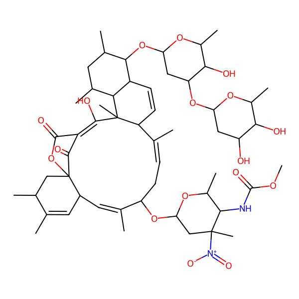 2D Structure of methyl N-[6-[[17-[4-(4,5-dihydroxy-6-methyloxan-2-yl)oxy-5-hydroxy-6-methyloxan-2-yl]oxy-23-hydroxy-3,4,8,12,18,20,22-heptamethyl-25,27-dioxo-26-oxapentacyclo[22.2.1.01,6.013,22.016,21]heptacosa-4,7,11,14,23-pentaen-9-yl]oxy]-2,4-dimethyl-4-nitrooxan-3-yl]carbamate