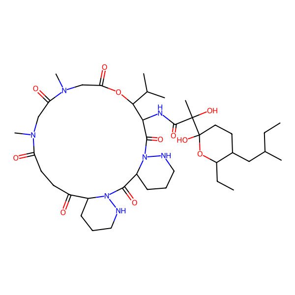 2D Structure of N-(15,18-dimethyl-2,9,13,16,19,22-hexaoxo-11-propan-2-yl-12-oxa-1,7,8,15,18,27-hexazatricyclo[21.4.0.03,8]heptacosan-10-yl)-2-[6-ethyl-2-hydroxy-5-(2-methylbutyl)oxan-2-yl]-2-hydroxypropanamide