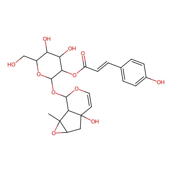 2D Structure of [(2S,3R,4S,5S,6R)-4,5-dihydroxy-6-(hydroxymethyl)-2-[[(1S,2R,4S,6S,10S)-6-hydroxy-2-methyl-3,9-dioxatricyclo[4.4.0.02,4]dec-7-en-10-yl]oxy]oxan-3-yl] (Z)-3-(4-hydroxyphenyl)prop-2-enoate