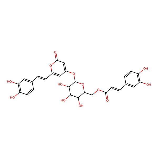 2D Structure of [(2R,3S,4S,5R,6S)-6-[2-[(E)-2-(3,4-dihydroxyphenyl)ethenyl]-6-oxopyran-4-yl]oxy-3,4,5-trihydroxyoxan-2-yl]methyl (E)-3-(3,4-dihydroxyphenyl)prop-2-enoate