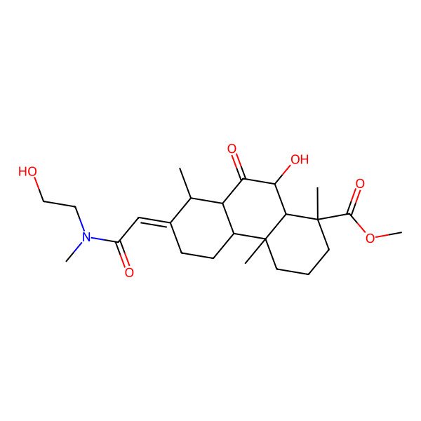 2D Structure of methyl (1S,4aR,4bS,7E,8R,8aS,10R,10aR)-10-hydroxy-7-[2-[2-hydroxyethyl(methyl)amino]-2-oxoethylidene]-1,4a,8-trimethyl-9-oxo-2,3,4,4b,5,6,8,8a,10,10a-decahydrophenanthrene-1-carboxylate