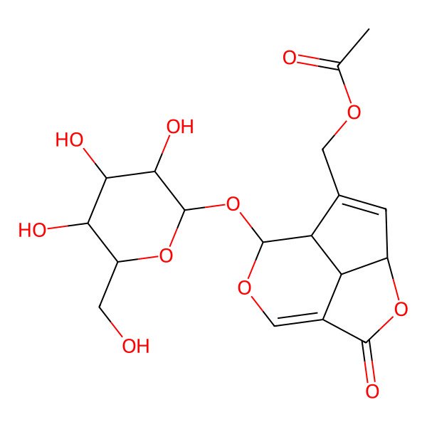 2D Structure of [(4R,7S,8S,11S)-2-oxo-8-[(2S,3S,4S,5S,6R)-3,4,5-trihydroxy-6-(hydroxymethyl)oxan-2-yl]oxy-3,9-dioxatricyclo[5.3.1.04,11]undeca-1(10),5-dien-6-yl]methyl acetate