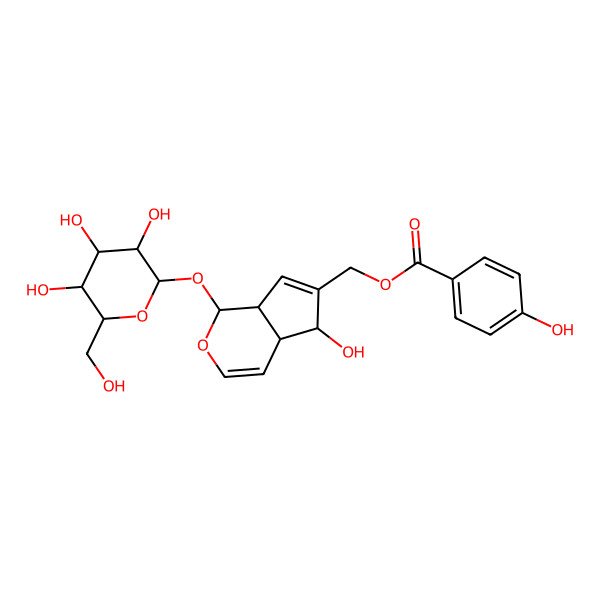 2D Structure of [(1S,4aR,5S,7aR)-5-hydroxy-1-[(2S,3R,4S,5S,6R)-3,4,5-trihydroxy-6-(hydroxymethyl)tetrahydropyran-2-yl]oxy-1,4a,5,7a-tetrahydrocyclopenta[c]pyran-6-yl]methyl 4-hydroxybenzoate