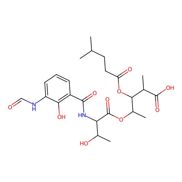 2D Structure of 4-[2-[(3-Formamido-2-hydroxybenzoyl)amino]-3-hydroxybutanoyl]oxy-2-methyl-3-(4-methylpentanoyloxy)pentanoic acid