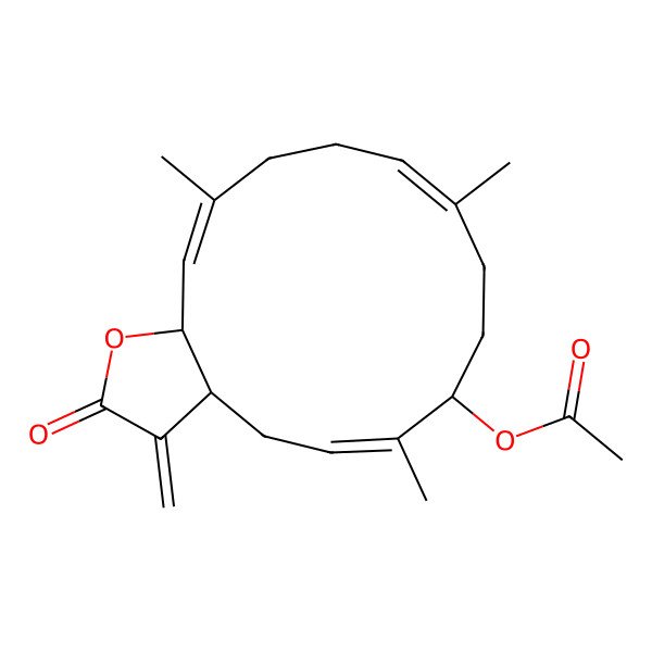 2D Structure of [(3aR,5Z,7R,10E,14E,15aR)-6,10,14-trimethyl-3-methylidene-2-oxo-3a,4,7,8,9,12,13,15a-octahydrocyclotetradeca[b]furan-7-yl] acetate