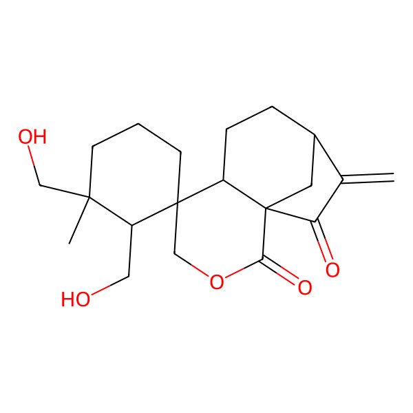2D Structure of (1S,2'R,3'R,5R,6S,9R)-2',3'-bis(hydroxymethyl)-3'-methyl-10-methylidenespiro[3-oxatricyclo[7.2.1.01,6]dodecane-5,1'-cyclohexane]-2,11-dione