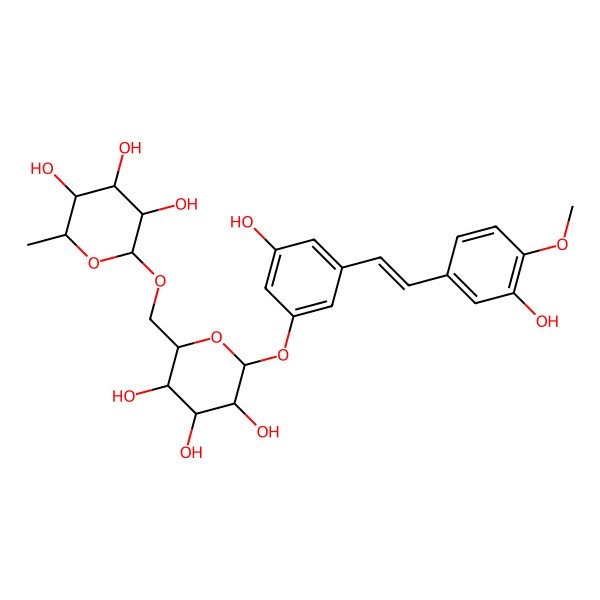2D Structure of 2-Methyl-6-[[3,4,5-trihydroxy-6-[3-hydroxy-5-[2-(3-hydroxy-4-methoxyphenyl)ethenyl]phenoxy]oxan-2-yl]methoxy]oxane-3,4,5-triol