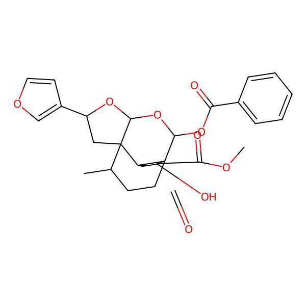 2D Structure of methyl (1S,2R,4R,6S,8R,9R,13R,16R)-2-benzoyloxy-6-(furan-3-yl)-13-hydroxy-16-methyl-12-oxo-3,5-dioxatetracyclo[6.5.3.01,9.04,8]hexadecane-13-carboxylate