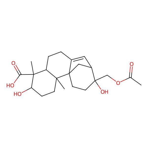 2D Structure of 13-(Acetyloxymethyl)-5,13-dihydroxy-2,6-dimethyltetracyclo[10.3.1.01,10.02,7]hexadec-10-ene-6-carboxylic acid
