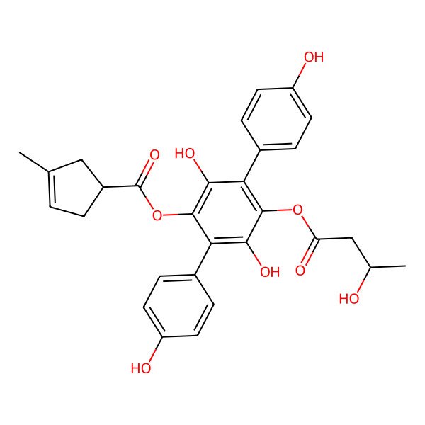 2D Structure of [2,5-dihydroxy-4-[(3S)-3-hydroxybutanoyl]oxy-3,6-bis(4-hydroxyphenyl)phenyl] 3-methylcyclopent-3-ene-1-carboxylate