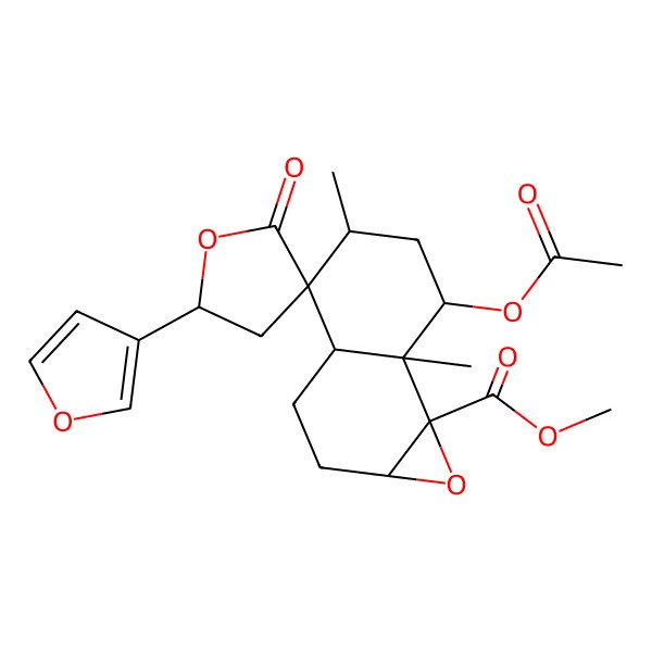 2D Structure of methyl 7-acetyloxy-5'-(furan-3-yl)-5,7a-dimethyl-2'-oxospiro[2,3,3a,5,6,7-hexahydro-1aH-naphtho[1,2-b]oxirene-4,3'-oxolane]-7b-carboxylate