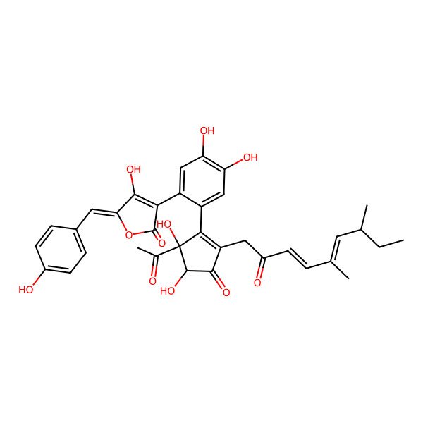 2D Structure of 3-[2-[5-Acetyl-2-(5,7-dimethyl-2-oxonona-3,5-dienyl)-4,5-dihydroxy-3-oxocyclopenten-1-yl]-4,5-dihydroxyphenyl]-4-hydroxy-5-[(4-hydroxyphenyl)methylidene]furan-2-one
