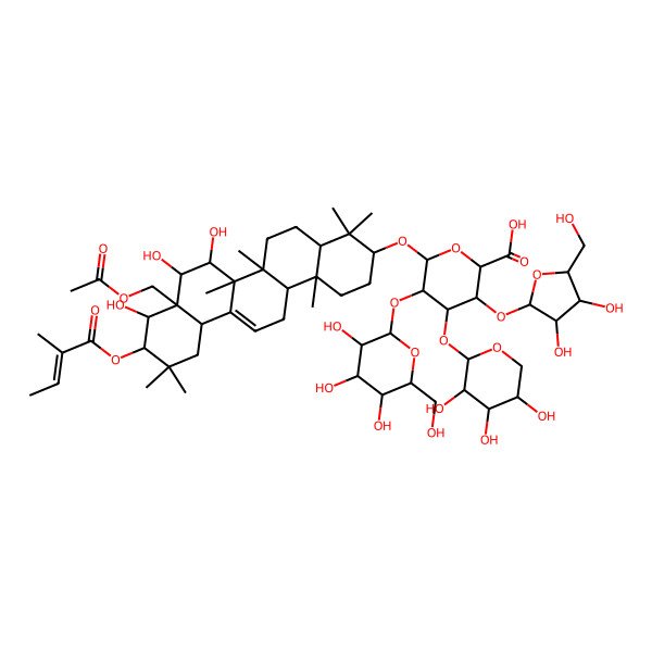 2D Structure of (2S,3S,4S,5R,6R)-6-[[(3S,4aR,6aR,6bS,7R,8S,8aR,9R,10R,12aS,14aR,14bR)-8a-(acetyloxymethyl)-7,8,9-trihydroxy-4,4,6a,6b,11,11,14b-heptamethyl-10-[(Z)-2-methylbut-2-enoyl]oxy-1,2,3,4a,5,6,7,8,9,10,12,12a,14,14a-tetradecahydropicen-3-yl]oxy]-3-[(2S,3R,4R,5S)-3,4-dihydroxy-5-(hydroxymethyl)oxolan-2-yl]oxy-5-[(2S,3R,4S,5S,6R)-3,4,5-trihydroxy-6-(hydroxymethyl)oxan-2-yl]oxy-4-[(2S,3R,4S,5S)-3,4,5-trihydroxyoxan-2-yl]oxyoxane-2-carboxylic acid