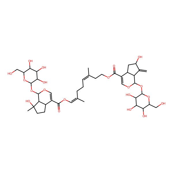 2D Structure of [(3E,7Z)-8-[(1R,4aS,7S,7aS)-7-hydroxy-7-methyl-1-[(2R,3S,4R,5R,6S)-3,4,5-trihydroxy-6-(hydroxymethyl)oxan-2-yl]oxy-4a,5,6,7a-tetrahydro-1H-cyclopenta[c]pyran-4-carbonyl]oxy-3,7-dimethylocta-3,7-dienyl] (1S,4aS,6R,7aS)-6-hydroxy-7-methylidene-1-[(2R,3S,4R,5R,6S)-3,4,5-trihydroxy-6-(hydroxymethyl)oxan-2-yl]oxy-4a,5,6,7a-tetrahydro-1H-cyclopenta[c]pyran-4-carboxylate