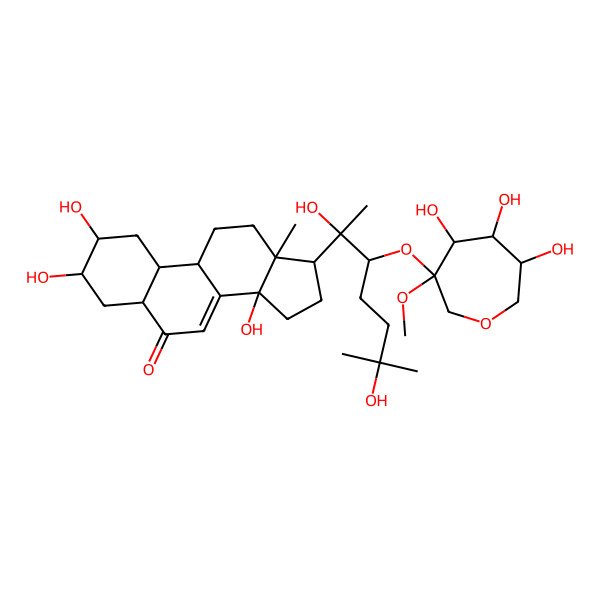 2D Structure of 17-[(2R)-2,6-dihydroxy-6-methyl-3-[(3S,4R,5R,6R)-4,5,6-trihydroxy-3-methoxyoxepan-3-yl]oxyheptan-2-yl]-2,3,14-trihydroxy-13-methyl-1,2,3,4,5,9,10,11,12,15,16,17-dodecahydrocyclopenta[a]phenanthren-6-one