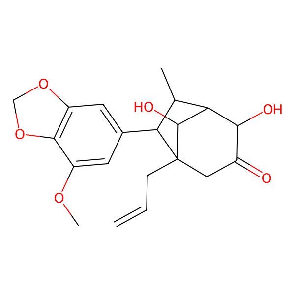 2D Structure of (7R)-4,8-dihydroxy-7-(7-methoxy-1,3-benzodioxol-5-yl)-6-methyl-1-prop-2-enylbicyclo[3.2.1]octan-3-one