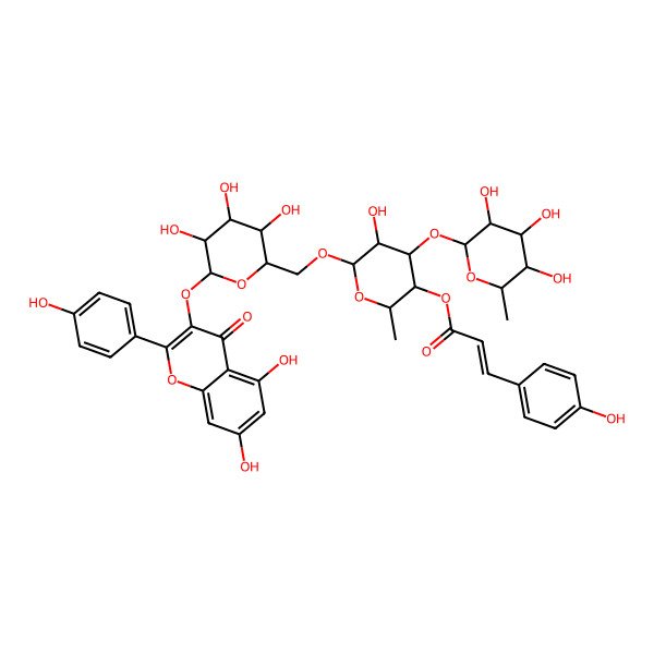 2D Structure of [6-[[6-[5,7-Dihydroxy-2-(4-hydroxyphenyl)-4-oxochromen-3-yl]oxy-3,4,5-trihydroxyoxan-2-yl]methoxy]-5-hydroxy-2-methyl-4-(3,4,5-trihydroxy-6-methyloxan-2-yl)oxyoxan-3-yl] 3-(4-hydroxyphenyl)prop-2-enoate