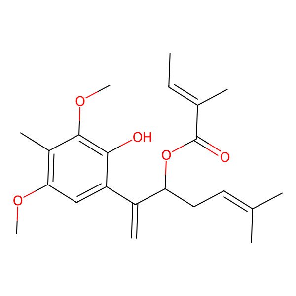 2D Structure of [(3S)-2-(2-hydroxy-3,5-dimethoxy-4-methylphenyl)-6-methylhepta-1,5-dien-3-yl] (Z)-2-methylbut-2-enoate