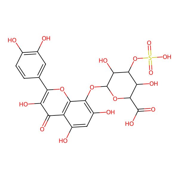 2D Structure of (2S,3R,4S,5R,6S)-6-[2-(3,4-dihydroxyphenyl)-3,5,7-trihydroxy-4-oxochromen-8-yl]oxy-3,5-dihydroxy-4-sulfooxyoxane-2-carboxylic acid