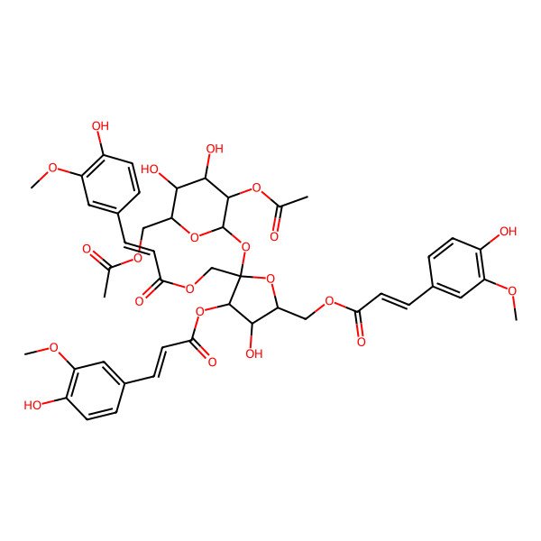 2D Structure of [(2R,3R,4S,5S)-5-[(2R,3R,4S,5S,6R)-3-acetyloxy-6-(acetyloxymethyl)-4,5-dihydroxyoxan-2-yl]oxy-3-hydroxy-4-[(E)-3-(4-hydroxy-3-methoxyphenyl)prop-2-enoyl]oxy-5-[[(E)-3-(4-hydroxy-3-methoxyphenyl)prop-2-enoyl]oxymethyl]oxolan-2-yl]methyl (E)-3-(4-hydroxy-3-methoxyphenyl)prop-2-enoate