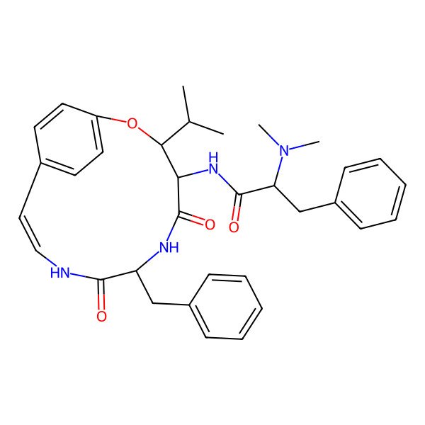 2D Structure of (2S)-N-[(3R,4S,7S,10E)-7-benzyl-5,8-dioxo-3-propan-2-yl-2-oxa-6,9-diazabicyclo[10.2.2]hexadeca-1(14),10,12,15-tetraen-4-yl]-2-(dimethylamino)-3-phenylpropanamide