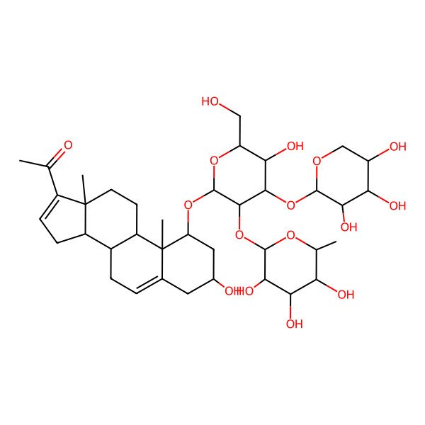 2D Structure of 1-[(1R,3R,8S,9S,10R,13S,14S)-3-hydroxy-1-[(2R,3R,4S,5R,6R)-5-hydroxy-6-(hydroxymethyl)-3-[(2S,3R,4R,5R,6S)-3,4,5-trihydroxy-6-methyloxan-2-yl]oxy-4-[(2S,3R,4S,5R)-3,4,5-trihydroxyoxan-2-yl]oxyoxan-2-yl]oxy-10,13-dimethyl-2,3,4,7,8,9,11,12,14,15-decahydro-1H-cyclopenta[a]phenanthren-17-yl]ethanone