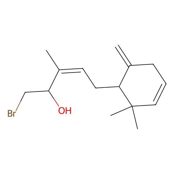 2D Structure of (E,2R)-1-bromo-5-[(1R)-2,2-dimethyl-6-methylidenecyclohex-3-en-1-yl]-3-methylpent-3-en-2-ol