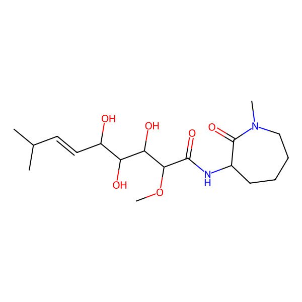2D Structure of (E,2R,3S,4S,5R)-3,4,5-trihydroxy-2-methoxy-8-methyl-N-[(3R)-1-methyl-2-oxoazepan-3-yl]non-6-enamide