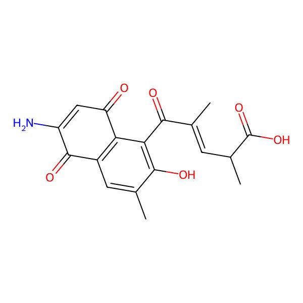 2D Structure of (E,2S)-5-(6-amino-2-hydroxy-3-methyl-5,8-dioxonaphthalen-1-yl)-2,4-dimethyl-5-oxopent-3-enoic acid