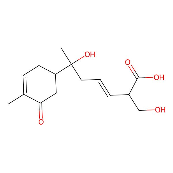 2D Structure of (E,2S,6R)-6-hydroxy-2-(hydroxymethyl)-6-[(1R)-4-methyl-5-oxocyclohex-3-en-1-yl]hept-3-enoic acid